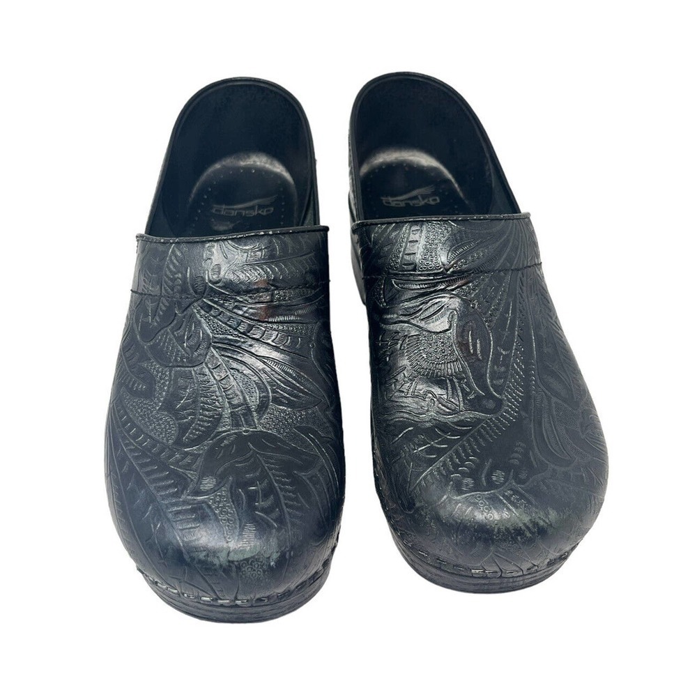 Dansko Professional Tooled Leather Clogs 41 Black Shoes Pro Stapled US 10.5